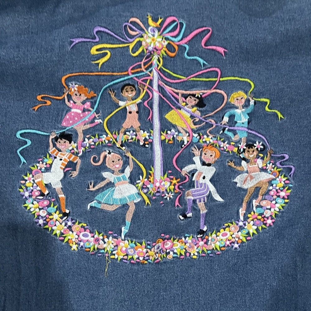 Vintage Bob Mackie Denim Embroidered Maypole Dancing Shirt Large Wearable Art